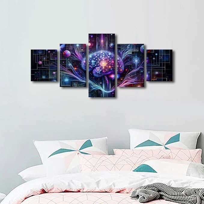 5 Panel Living Room Wall Decor Digital Brain Canvas Wall Art Neural Network Wall Decorations for Bedroom Technology Picture for House Wall Decoration Artificial Intelligence Poster for Room 50"Wx24"H