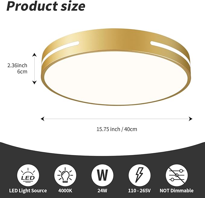 Modern Gold Flush Mount Ceiling Light Mid-Century LED Ceiling Light Bedroom Light Fixture Minimalist Ceiling Lamp for Living Room Kitchen Hallway Bedroom 15.75 Inch