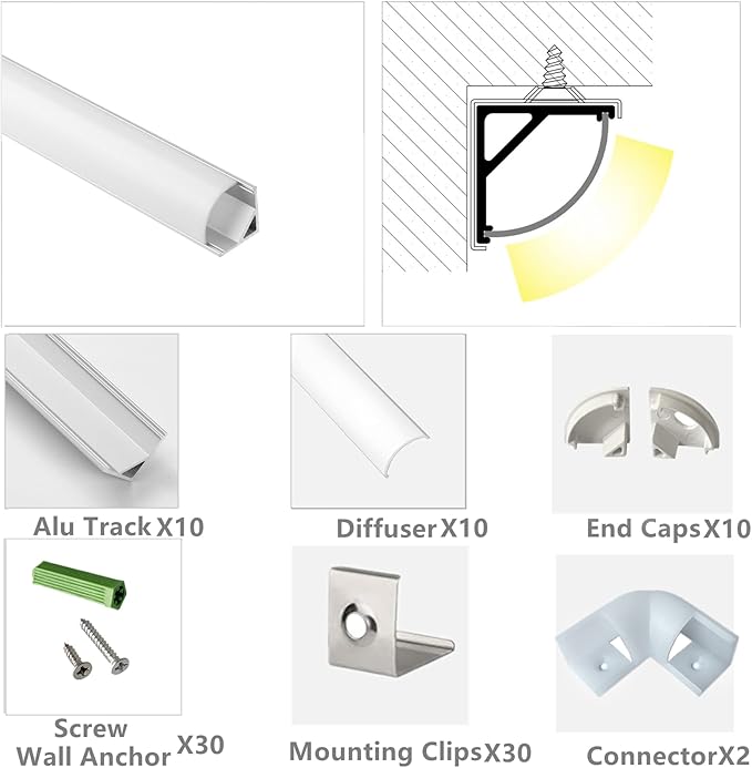 10-Pack 3.3FT 1Meter V Shape LED Strip Aluminum Channel Diffuser System, Extruded Alu Track Milky Cover with Corner Connector and Mounting Kit,Easy Cut and Installed Curved Lens Profile