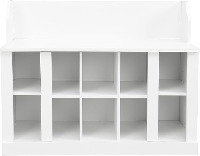 AMNOOL Modern Hall Tree with Shelves and 4 Hooks with Wall Mounted Coat Rack Shoe Storage Bench with Ten Storage Compartments Adjustable Shelves for Hallway, Foyer, Mud Room (White)