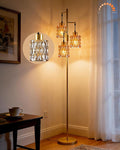 3-Light Floor Lamps for Living Room, Farmhouse Dimmable Gold Floor Lamp with Brown Glass Shade& Bulbs Included, Mid Century Standing Tall Lamp for Bedroom/Sofa Beside/Corner