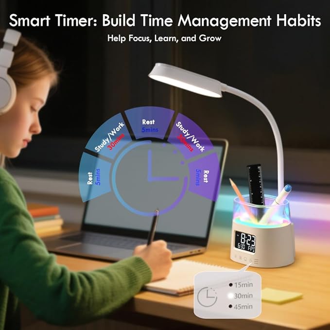 WILIT LED Desk Lamps for Home Office with Pen Holder, Table Lamp for Bedroom with USB Charging Port & Clock, RGB Night Light, Study Lamp for Kids Girls, Desk Light for College Dorm Room Essentials