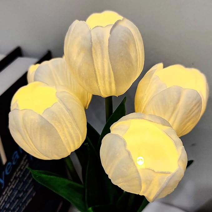 Flower Table Lamp Tulip Desk LED Night Light for Home Living Room Decor Artificial Flower with Vase Table Centerpieces for Birthday Holiday Party Wedding Room Decoration (White)
