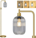 【Upgraded】 Dimmable Glass Floor Lamp for Living Room, Modern Gold Standing Lamp with Gray Ribbed Glass Lampshade & Knob Dimmer, Arc Tall Lamp for Bedroom Office Reading Room, 2700K Led Bulb Included