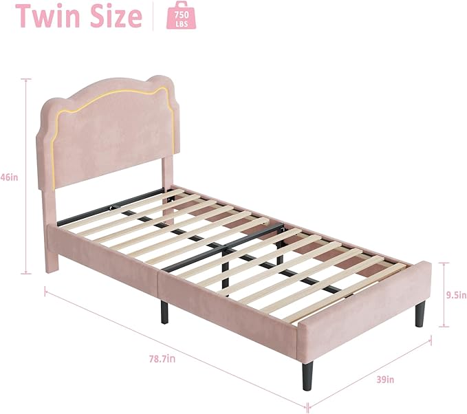 GarveeHome Twin Upholstered Smart LED Bed Frame with Headboard, Velvet Princess Platform Bed Frame for Kids, Wooden Slats Support, No Box Spring Needed (Pink)