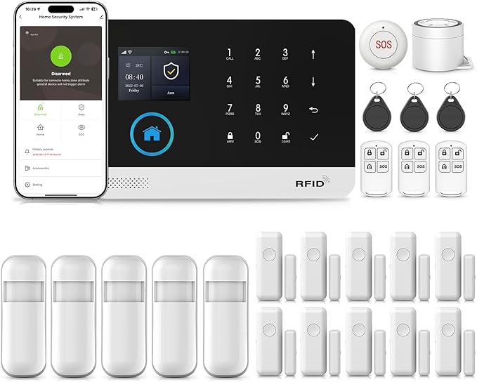 WiFi Wireless Alarm System for Home Security, GSM Home Alarm 24 Piece Kit with Siren, PIR Motion Sensors, Remote Controls, Window/Door Sensors (Tuya and Smart Life APP)
