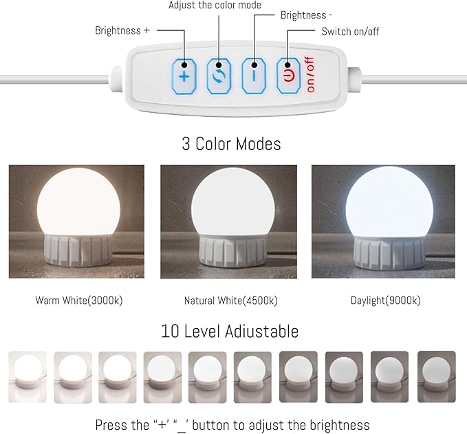 LED Vanity Lights for Mirror Hollywood Style USB Fill Light Adjustable Color and Brightness Mirrors Lights Stick on Makeup Table,Bathroom,Dressing Room (No Mirror Include) (14 Bulbs)