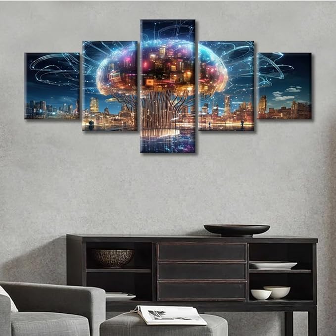 5 Piece Smart Brains for Future Cities Wall Art Painting Artificial Intelligence Concept Bedroom Living Room Brain Framed Modern Pictures Canvas Prints Artwork for Wall Decor Office Decor (50"Wx24"H)