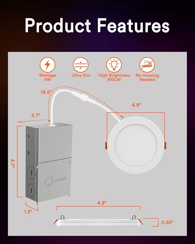 Lumary RGBAI Smart Recessed Lighting 4 Inch with Gradient Accent and Night Ring, 9W 780LM WiFi Canless Wafer Downlight with Junction Box, LED Downlight Work with Alexa/Google Assistant/Siri, 4PCS
