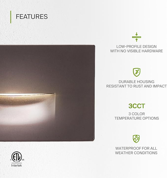 ASD LED Recessed Step Light Fixture, Outdoor & Indoor Stair Tread Lighting | 3CCT, Dimmable, Waterproof, ETL Listed | 3W 120LM 3000K-5000K 120V | Staircase Hardwired Illumination | Dark Bronze