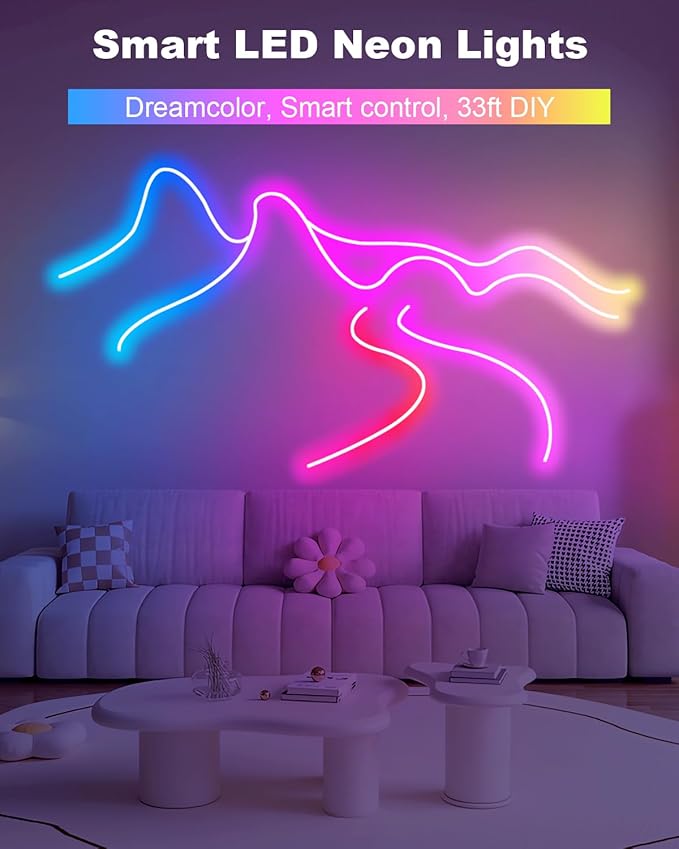 echosari Smart RGBIC LED Strip Lights, 33Ft Neon Rope Lights Work with Alexa and Google Assistant, Neon Strip Lights with Music Sync App/Remote Control, Multiple Modesfor Bedroom DIY Wall Decor