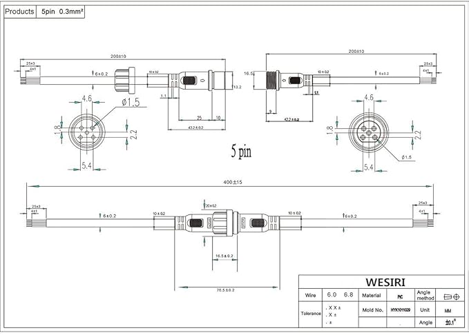 5Pairs 5pin Black Electrical Connector LED Connector for LED Lights 20cm Extension Cable 40cm/Pair 0.3mm² 22mm Nut