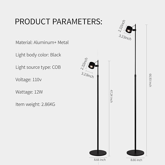 Aisilan Adjustable LED Floor Lamp with Touch Control, Dimmable 3000K-6000K Light for Living Room, Height Adjustable Pole & 350° Rotatable Head, Modern Black Standing Lamp for Bedroom Reading