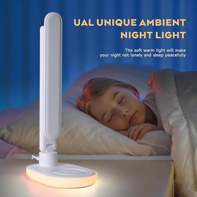 IHAO Luxury Multifunctional LED Desk Lamp10W Qi Wireless Charger Digital Alarm Clock Ambient Light & Temperature Display Adjustable Eye-Care Table Lamp with Leather Texture Design Table Lamp-U20 White