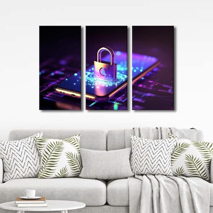 TUMOVO Wall Art for Living Room 3 Panel Cyber Security and Data Protection Concept Pictures Posters Contemporary Wall Decor for Home Office Hotel Wall Wooden Framed Ready to Hang, 36" Wx24 H