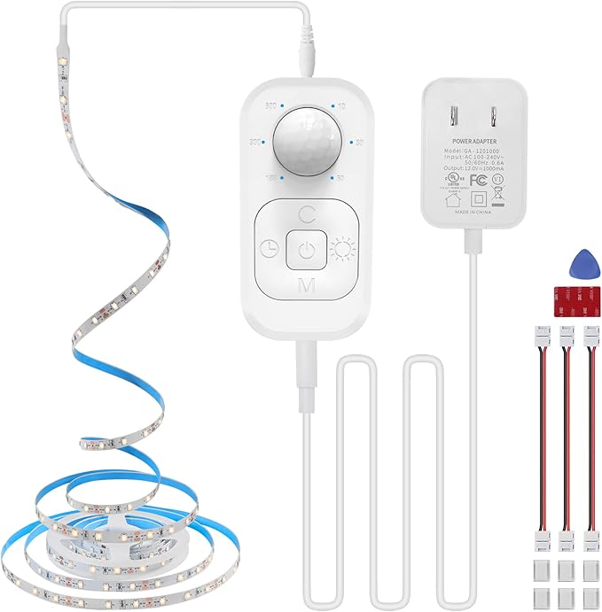 Motion Sensor Under Cabinet Lights - Plug-in LED Strip Lights Indoor with Power Adapter, Dimmer and Timer for Kitchen Cabinet, Counter, Shelf, Showcase, Stairway, Bedroom, Corridor, Washroom