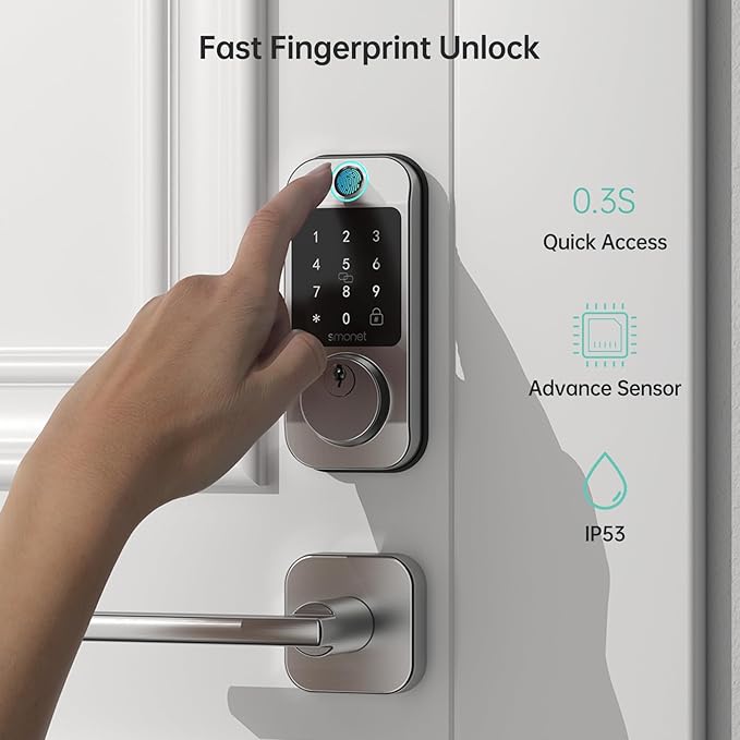 SMONET Fingerprint Smart Locks for Front Door with Handle Set, Keyless Entry, Bluetooth Digital Keypad Deadbolt, App Remote Control, Auto Lock, for Home Silver