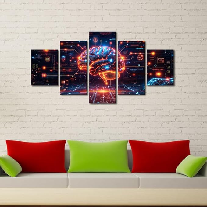 TUMOVO 5 Panel Artificial Intelligence Paintings Wall Decor Robot Brain Posters for Room Digital Brain Canvas Wall Art for Living Room Bedroom AI Picture Modern Artwork Home Decor 60" Wx32 H