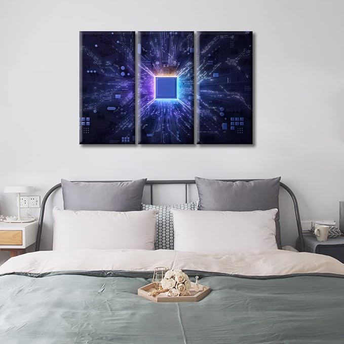 3 Panel Technology Science Artwork Canvas Wall Art Motherboard Digital Chip Posters and Prints Boys Bedroom CPU Concept Bathroom Decor Wall Art Print on Canvas Framed Ready to Hang (36"Wx24"H)