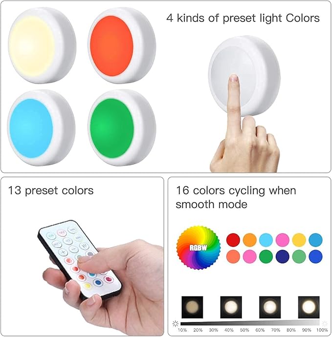 HELPLEX LED Puck Lights with Remote, 12 Pack Color Changing RGBW Stick-On Light, Battery Powered, Dimmable Under Cabinet Lighting with Timer & Memory, Wireless Push Lights for Kitchen & Closet