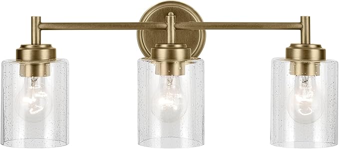 Kichler Winslow 21.5" 3-Light Vanity Light with Clear Seeded Glass in Natural Brass for Vanity, Luxe Industrial, (21.5" x 9.25"), 45886NBR