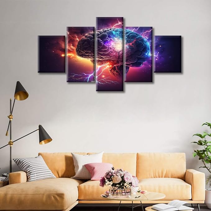 Wall Decor Neuronal Impulses Canvas Wall Art Brain Power Lightning Modern Artwork for Office Abstract Brain Picture Print on Canvas Framed Ready to Hang for Living Bedroom, (60"Wx32"H)