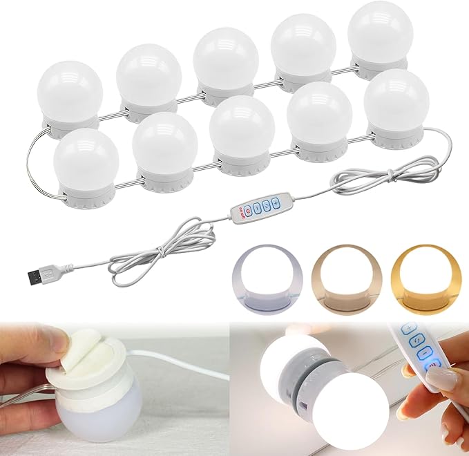 LED Vanity Lights for Mirror,10 Dimmable Bulbs,3000K 4500K 6500K & Brightness Adjustable,Hollywood Mirror Lights for Makeup Dressing Room