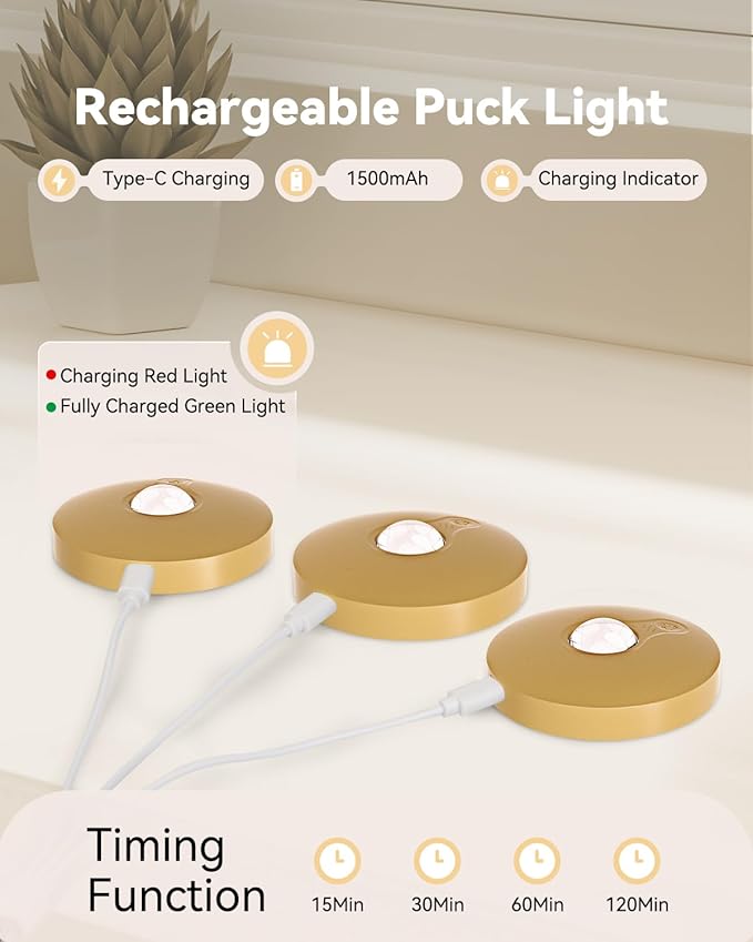 Rechargeable Puck Lights With Remote Control, 1500mAh Battery Operated Tap Lights, Dimmer & Timer Under Cabinet, Wireless LED Stick-On for Closet, Bedroom, Kitchen - Gold 3Pcs