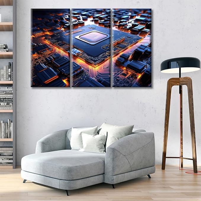 Microchip Canvas Wall Art, Paintings for Wall Decorations Motherboard Digital Chip Pictures Artwork Wall Art for Living Room 3 Pieces Art Prints Framed Ready to Hang (42"Wx28"H)