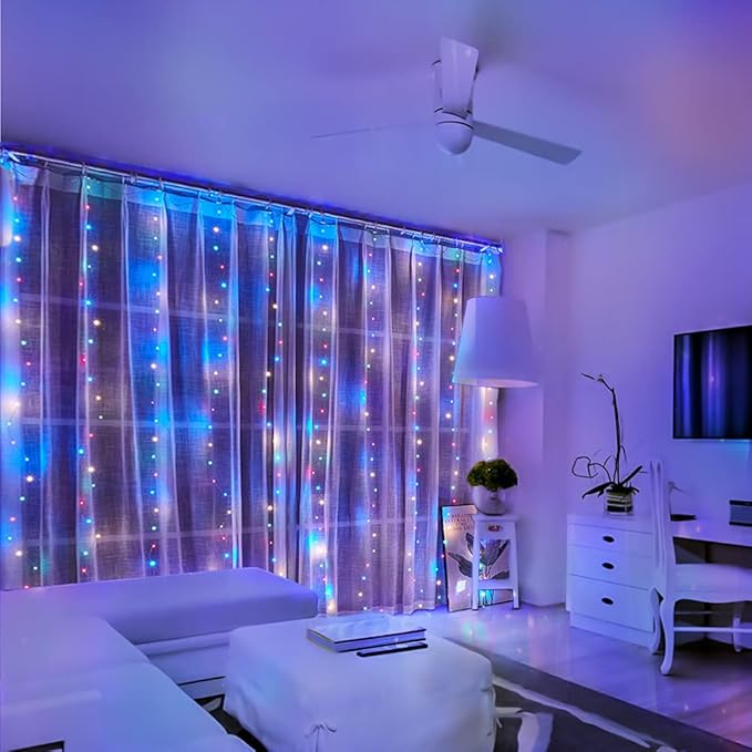 Honche 300Led Cuttable Curtain String Lights 10x10ft with Remote Window Lights for Bedroom Wedding Party Festive Season Propose Marriage (Colorful)