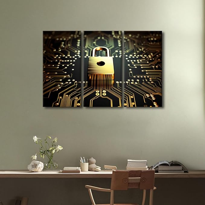 3 Panel Modern Wall Art Data Security Concept Pictures Print on Canvas for Living Room Bedroom Bathroom Wall Decoration, Wooden Framed Gallery-Wrapped Ready to Hang, 36" Wx24 H