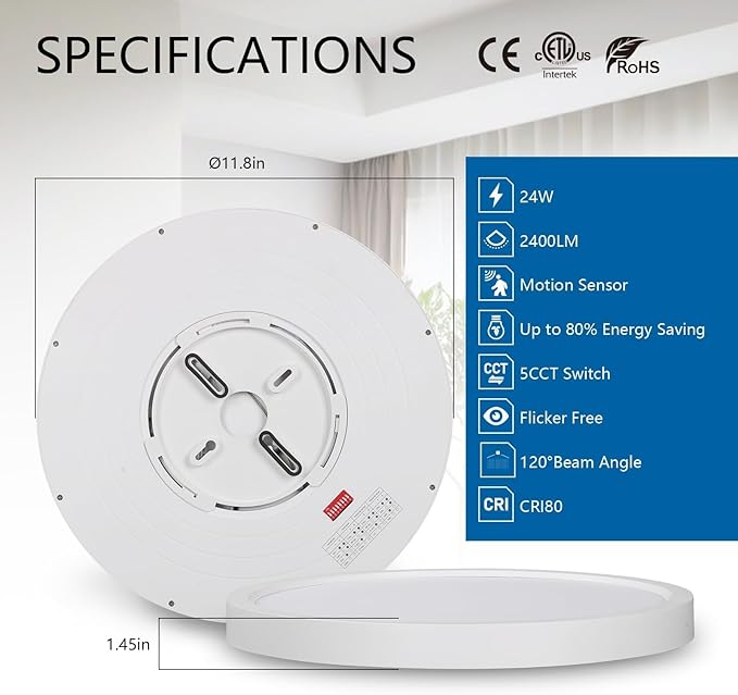 12in Motion Sensor LED Ceiling Light Wired, 2700K/3000K/3500K/4000K/5000K Dimmable 24W Round Flush Mount Lighting Fixture for Closet Stairwell Hallway Laundry Porch, ETL Listed, White