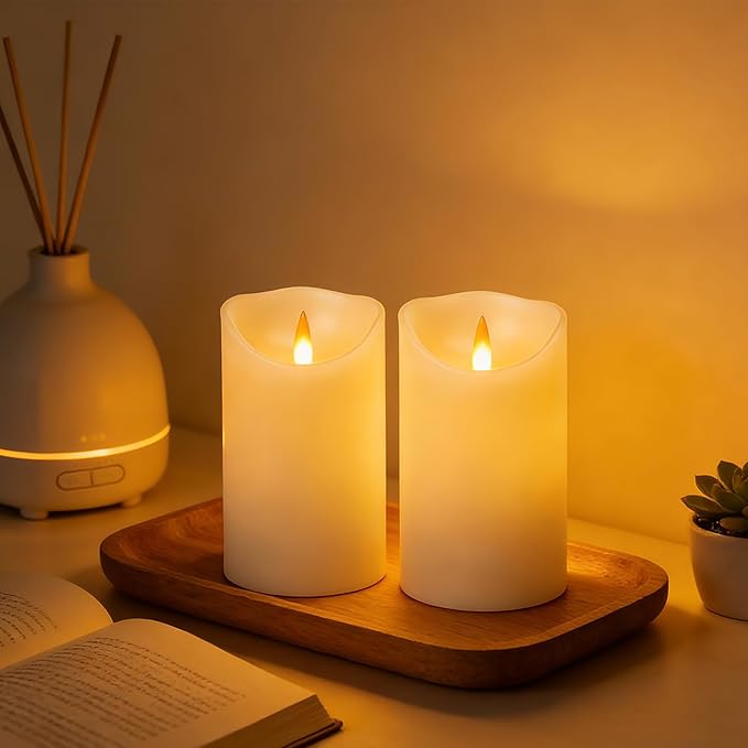 Rechargeable LED Flameless Pillar Candles, Ivory Real Wax Flickering Candles with Remote & 2/4/6/8H Timer, USB Rechargeable LED Candles for Home & Outdoor Decor (Set of 2)