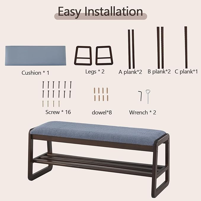 Shoe Rack Bench,2 Tier Solid Wooden Entryway Bench with Shoe Storage, Shoe Rack with Cushion for Living Room, Hallway(Grayish Blue, 39.4")