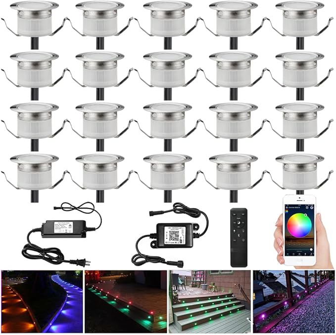 Sumaote LED Deck Lights Kit, 20pcs Φ1.22 WiFi Wireless Smart Phone Control Low Voltage Recessed RGB Deck Stair Lights Waterproof Outdoor Step Yard Path Landscape Decor