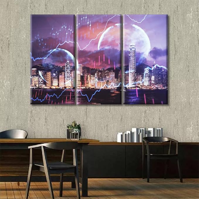 Forex Chart Drawings Over Cityscape Artwork Wall Decor 3 Pieces Trading Graph on the Cityscape at Night Background Paintings Wall Decor for Bedroom, Living Room, Office. Ready to Hang (60"Wx40"H)