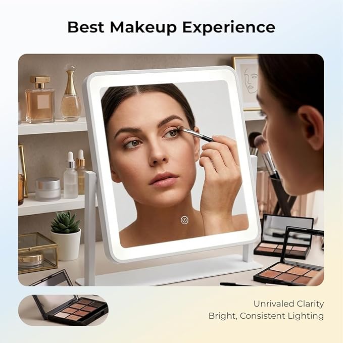 Vanity Mirror with Lights, 12"×14" Makeup Mirror with Lights, LED Makeup Mirror, Smart Touch with 3 Color Lighting Modes, Brightness Adjustable, for Bedroom Tabletop - White