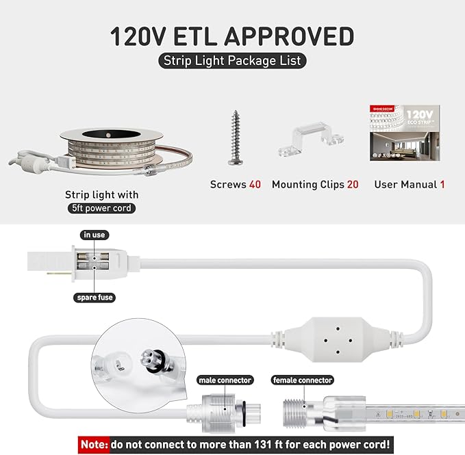 Shine Decor LED Strip Light Easy Connectable, 2800K Warm White Cold Resist Weatherproof Plug-in for Indoor Outdoor, 101 LM/FT Dimmable Bright Eco Rope Lighting 32FT, 120V Whole Set ETL Listed