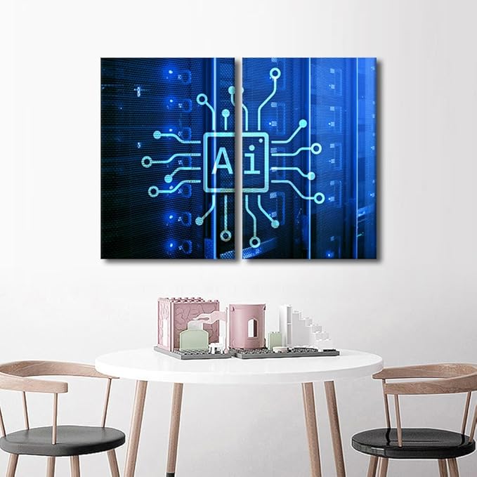 3 Pieces Painting AI Intelligence Wall Art for Living Room Modern Home Decor Automation Canvas Pictures House Decorations Artwork Paitings Framed Stretched Ready to Hang, 24" Wx16 H