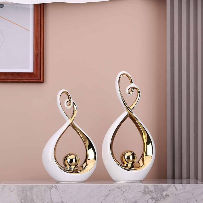 DOVDOV Modern Art Home Decor, Ceramic Abstract Sculpture 2 Piece Set, White and Gold Room Decor, Gorgeous Home Decor for Office, Shelf, Coffee Table and Desktop Decor Aesthetics.