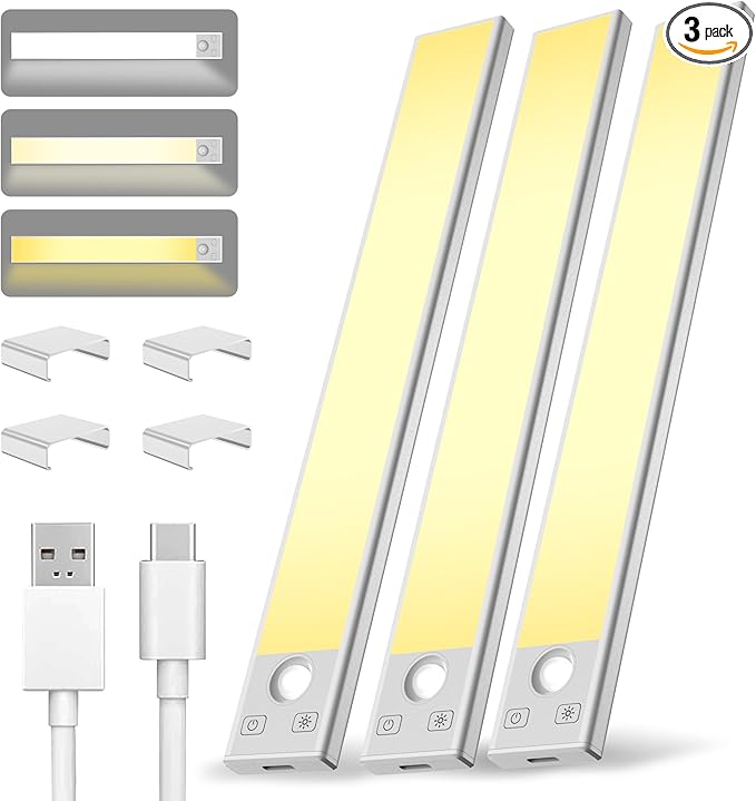 Under Cabinet Lighting 8 inch Rechargeable Battery Operated Motion Sensor Light Wireless Under Counter Lights for Kitchen, Stairs,Hallway (3 Pack)