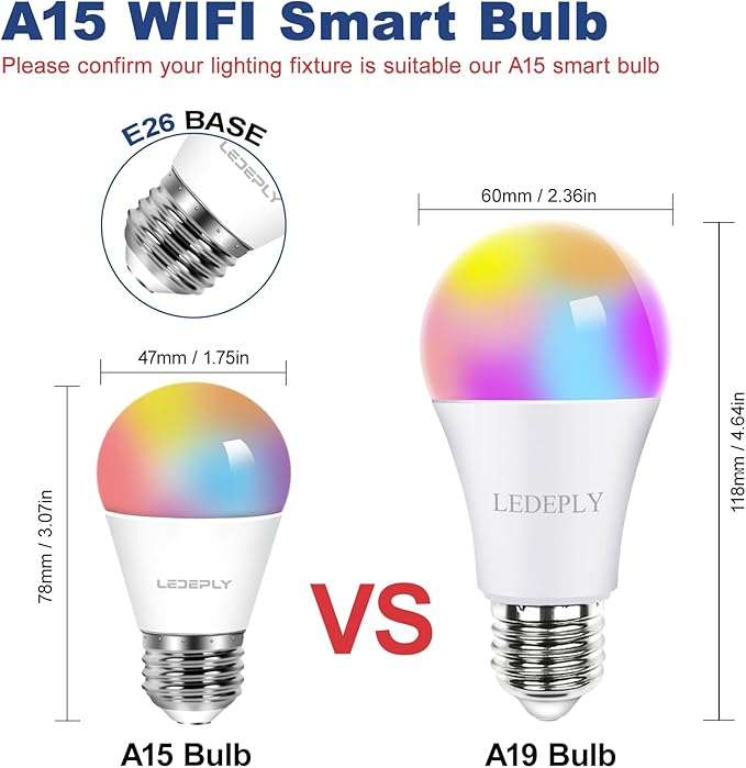 A15 LED Smart Bulb, Compatible with Alexa, Google Home, E26, 5W=40W, Color Changing, Dimmable WiFi Light Bulbs, 2.4GHZ WiFi Only, No Hub Required, 3 Pack