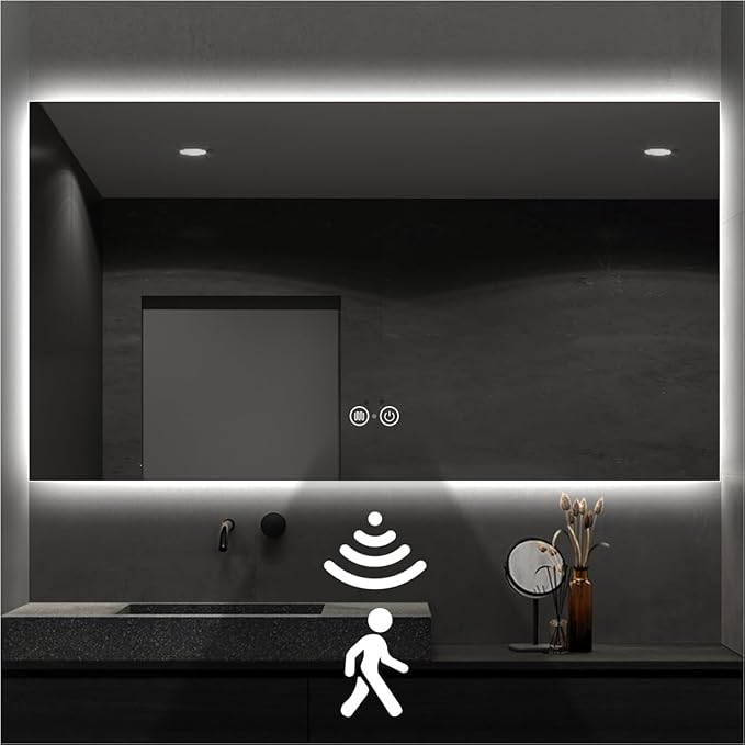 Backlit LED Bathroom Mirror, Infrared Motion Sensor Vanity Mirror with 3-Color Lights, Stepless Dimmable Wall Lighted Mirror with Anti-Fog, Memory, Rectangular (36" H x 48" W)