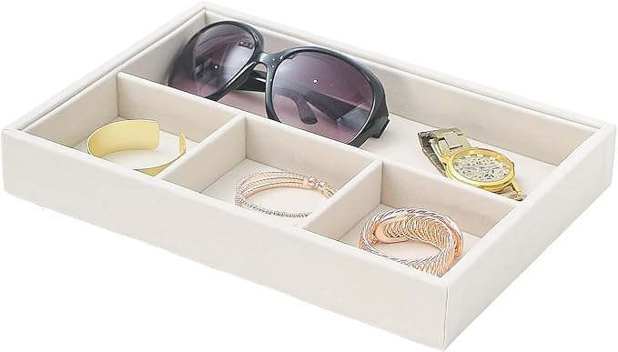 Beige 4Grid Bedside Organizer - Multi-use Holder for Desk, Nightstand, Drawer - Catchall Tray for Jewelry, Sunglasses, Phone, Watch, Perfume, Lipstick