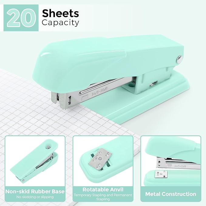SKYDUE Teal Office Supplies Set - Desk Accessories, Stapler, Tape Dispenser, Scissors, Clips and 1000pcs Staples for Teachers