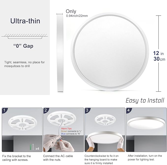 12 Inch LED Flush Mount Ceiling Light Fixture, 5000K Daylight White, 3200LM, 24W, Flat Modern Round Lighting Fixture, 240W Equivalent White Ceiling Lamp for Kitchens, Stairwells, Bedrooms.etc.