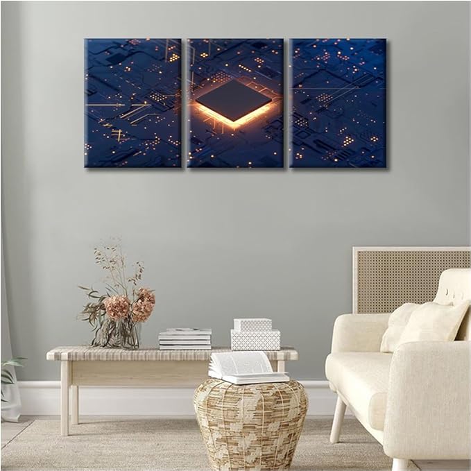 Circuit Board Canvas Paintings Wall Art 3 Pieces CPU Concept Posters and Prints Bedroom Decor Wall Art Computer Processors CPU Giclee Wooden Framed Gallery-Wrapped Ready to Hang (36" Wx16 H)