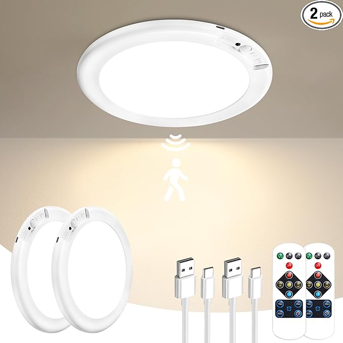 2 Pack Rechargeable Motion Sensor Ceiling Light with Remote - Magnetic Wireless Ceiling Light Battery Powered for Closet Shower Stairs Shed Hallway ect