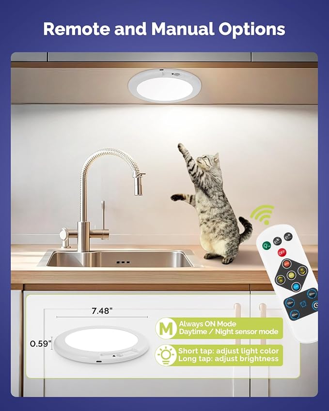 4PCS Updated Faster Charging Rechargeable Ceiling Light with Remote, 7.48" Rechargeable Shower Light Waterproof, Wireless Motion Sensor Ceiling Lights 3000K/4500K/6500K Dimmable for Closet