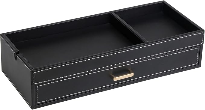 HofferRuffer Valet Jewelry Tray Organizer with Drawer, Faux Leather Storage Catchall Box Phone Charging Station Tray with Dresser Nightstand Desktop Drawer Organizer (Black)